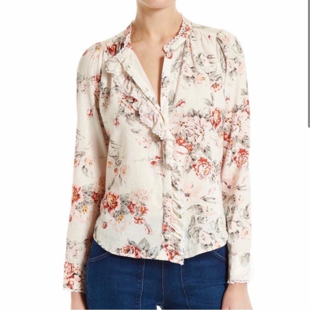 Rebecca Taylor La Vie 100% cotton Rose ruffle floral bohemian blouse XS NEW